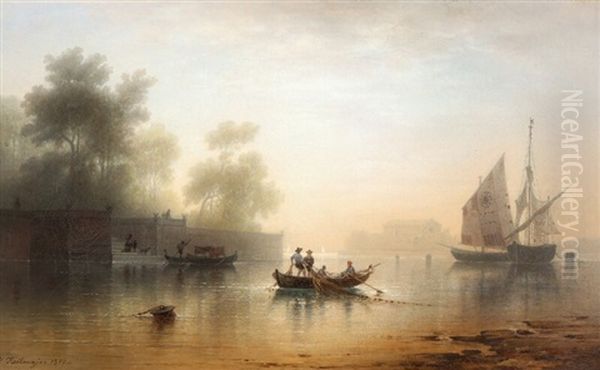 Scenery With A Gondola And Fishing Boats, Presumably From Venice by Karl Heilmayer