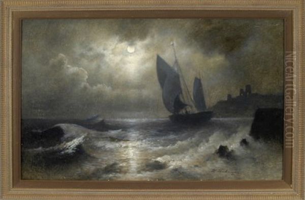 Segelboot Bei Vollmond Auf Sturmischer See Vor Der Kuste Genuas by Karl Heilmayer