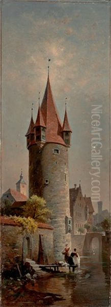 Blick Auf Den Diebsturm Zu Lindau, Mit Wascherinnen Am Inselgraben by Paul Heitinger