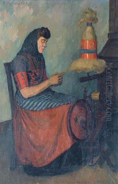 Young Woman At The Spinning Wheel by August Heitmueller