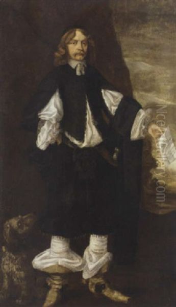 Portrait Of A Gentleman In A Black And White Costume, Holding A Letter In His Left Hand, A Dog At His Right by Bartholomeus Van Der Helst