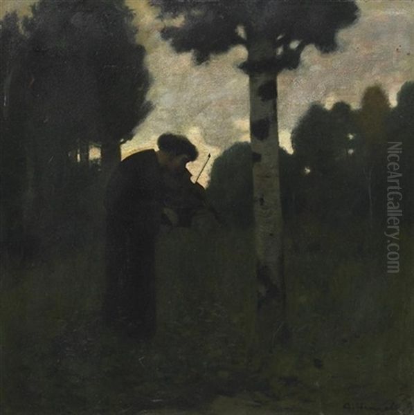 Die Melancholie. Ein Geigespieler Auf Lichtung, Vor Einer Birke Musizierend by Adolf Hengeler