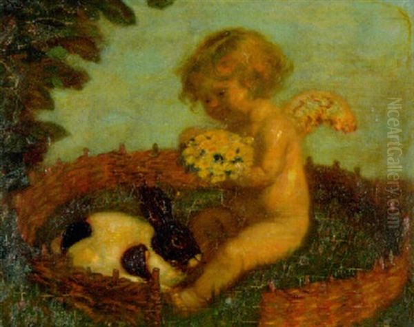 Putto Mit Fruhlingsblumenstrauss Und Kaninchen by Adolf Hengeler