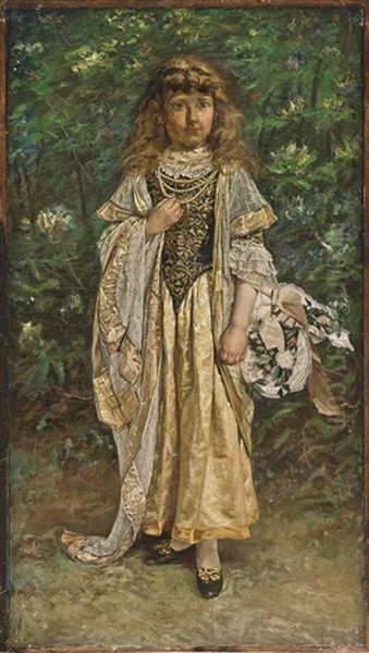 Portrait Of Moya Hennessey, The Artist's Daughter, Aged About 10, Standing Full Length, In An Elaborate Costume And Carrying A Basket Of Flowers by William John Hennessy