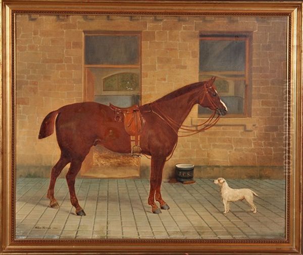 A Portrait Of A Chestnut Hunter And Spaniel In A Stable Yard by Wilson Hepple