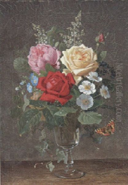 Roses And Other Flowers In A Glass Vase by Olaf August Hermansen