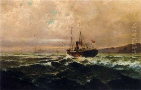 Spanish Steamers Off The Coast At Dusk by Francisco Hernandez Monjo