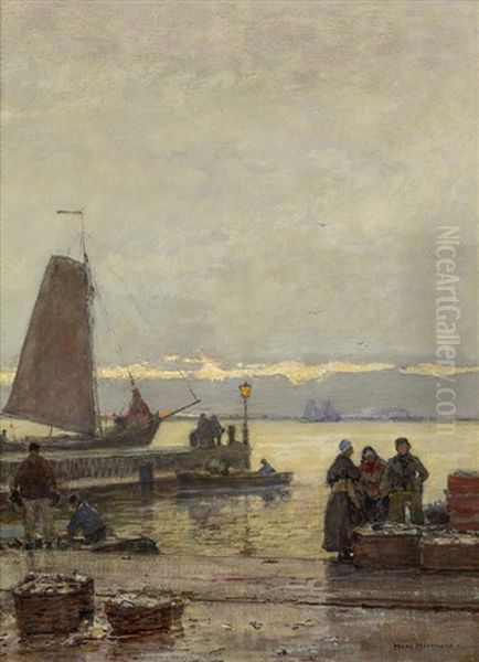 Abendstimmung Am Pier Mit Fischern by Hans Herrmann