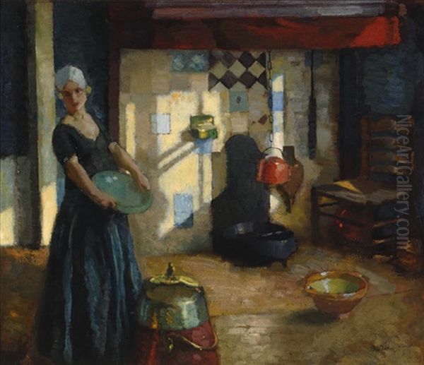 Woman In A Kitchen Interior by Otto Herschel