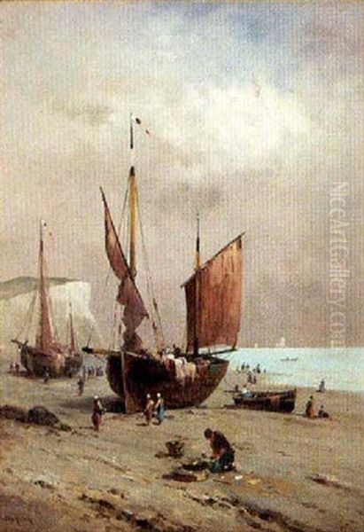 Sailing And Fishing Boats On A Shore At Low Tide by Louis Adolphe Hervier