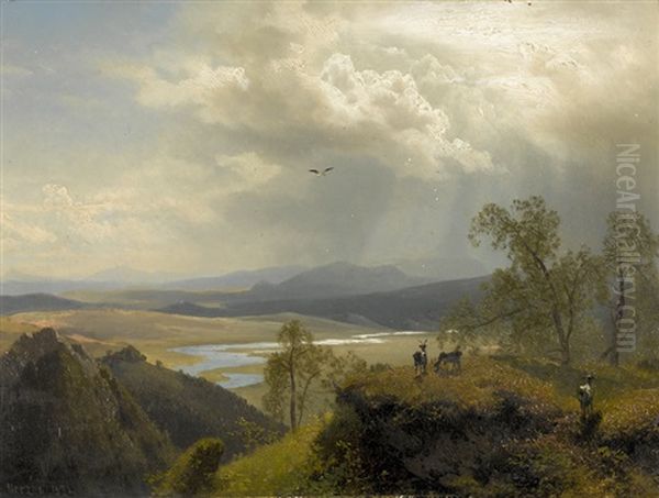 Weite Hugelige Landschaft Mit Fluss by Hermann Herzog