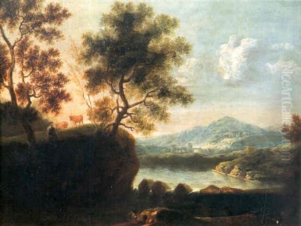 Bergere Et Ses Troupeaux Dans Un Paysage Valonne by Jacob De Heusch