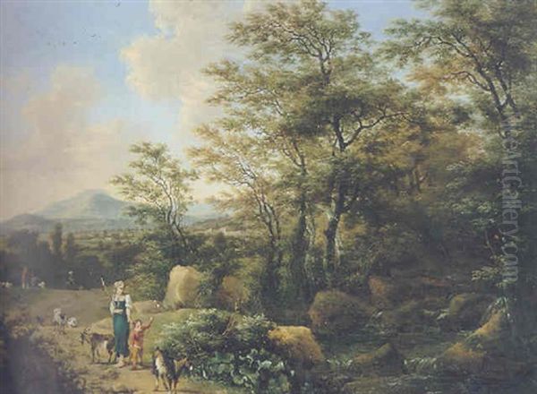 An Italianate Wooded Landscape With Figures And Goats By A Stream by Willem de Heusch