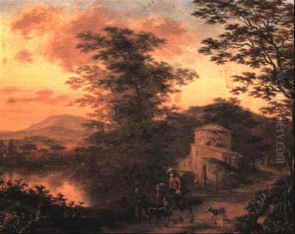 Italianate Landscape With A Huntsman Riding With His Servants And Hounds by Willem de Heusch