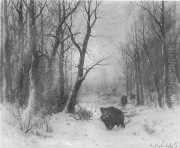 Abendliche Winterlandschaft Mit Wildschweinen Am Waldrand by Friedrich Josef Nicolai Heydendahl