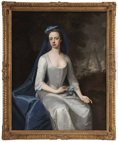 Young Woman In A Satin Gown And Blue Drapery Holding A Citrus Branch by Joseph Highmore