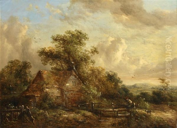 A Farmhouse And Figure By A Stream by Richard H. Hilder