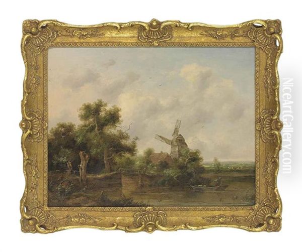 A River Landscape With A Man Punting, A Windmill Beyond by Richard H. Hilder