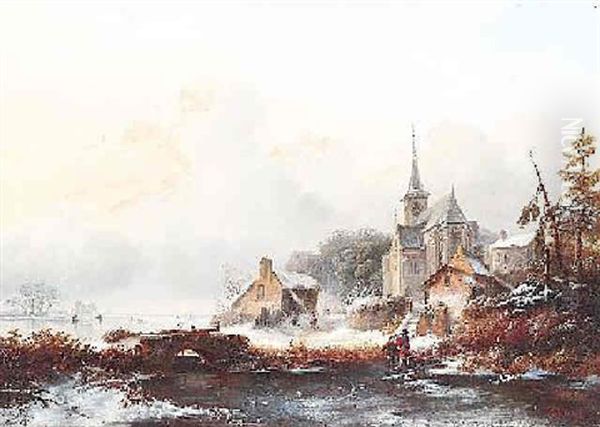 Hollandische Winterlandschaft Zugefrorener Flus Am Rande Eines Kirchdorfes by Carl Hilgers