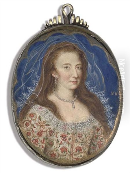 Susanna Temple, Lady Thornhurst, In Multi-coloured Floral And Gold-embroidered White Dress With Lace Collar by Nicholas Hilliard