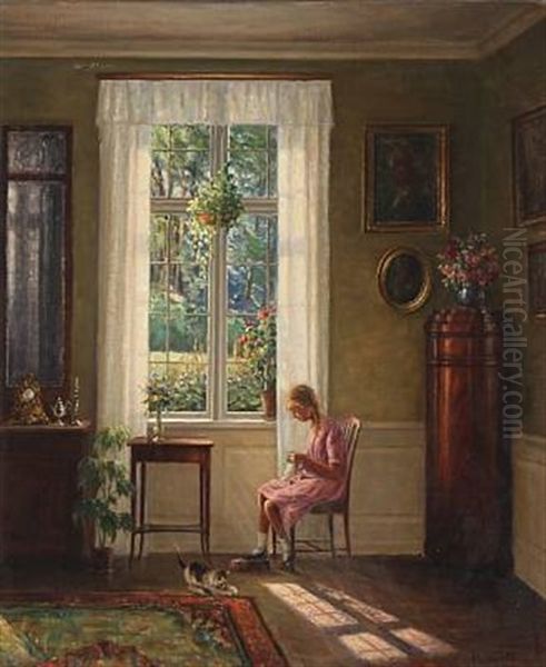 Interior With A Knitting Girl by Hans Hilsoe