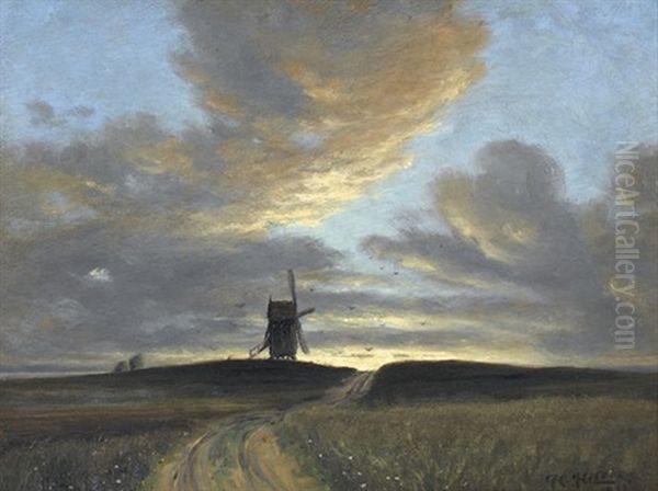 Landschaft Mit Windmuhle Bei Sonnenaufgang by Hans Hilsoe