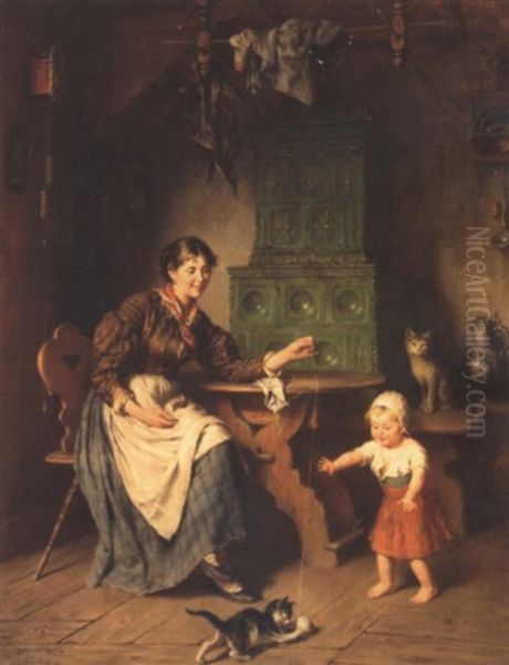 Interior With Mother, Child And Kittens by Heinrich Hirt