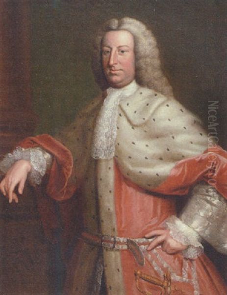 Portrait Of A Gentleman (henry Tenth, Lord Teynham?) In A Red Velvet And Fur Cloak And A Wig by William Hoare