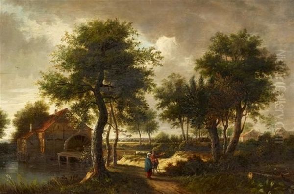 Landschaft Mit Wassermuhle Und Figurenstaffage by Meindert Hobbema