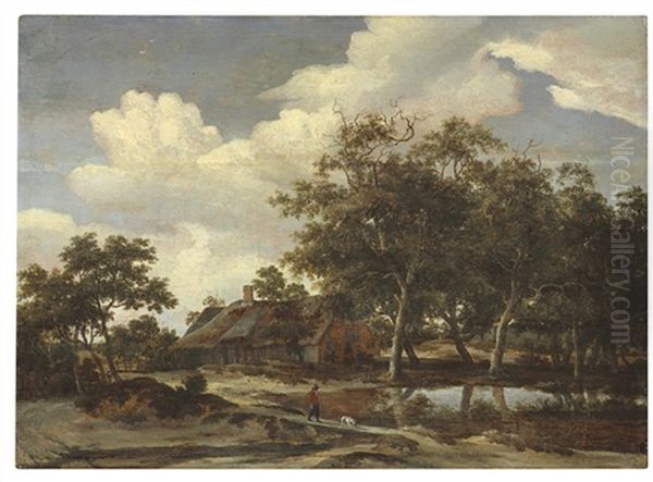 A Wooded Landscape With A Figure Crossing A Bridge by Meindert Hobbema