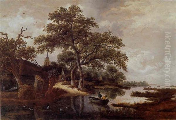 A Wooded River Landscape With Fishermen In A Rowing Boat By A Village by Meindert Hobbema