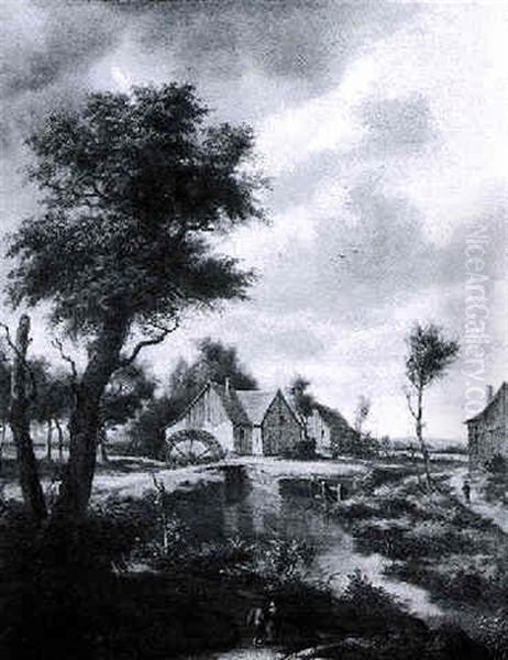 Figures On A Path Before A Mill Pond, A Watermill Beyond by Meindert Hobbema