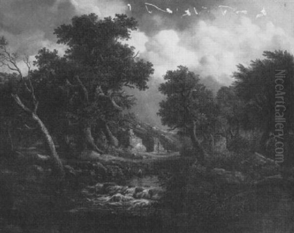 A Wooded Landscape With Figures In A Stream Before          Ruins by Meindert Hobbema