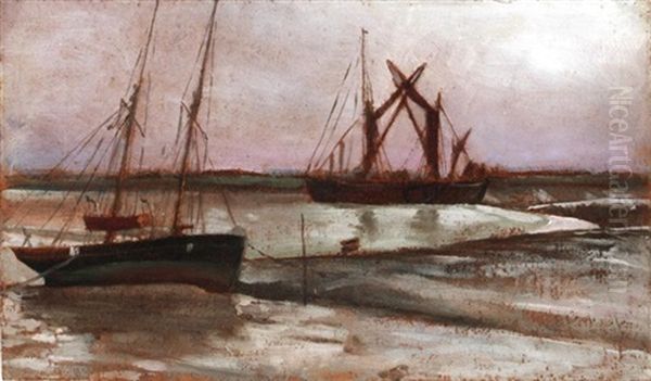 Barges At The Ferry, Benfleet - Canvey (+ Schooner; 2 Works) by Frank Hobden