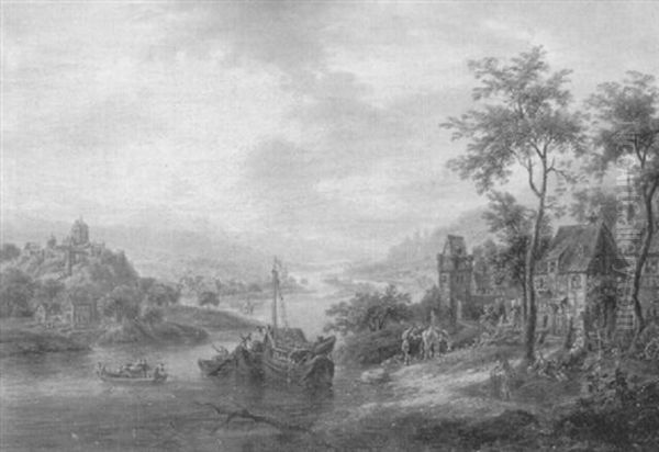 Belebte Flusslandschaft Mit Figuren, Hausern Und Booten by Franz Hochecker