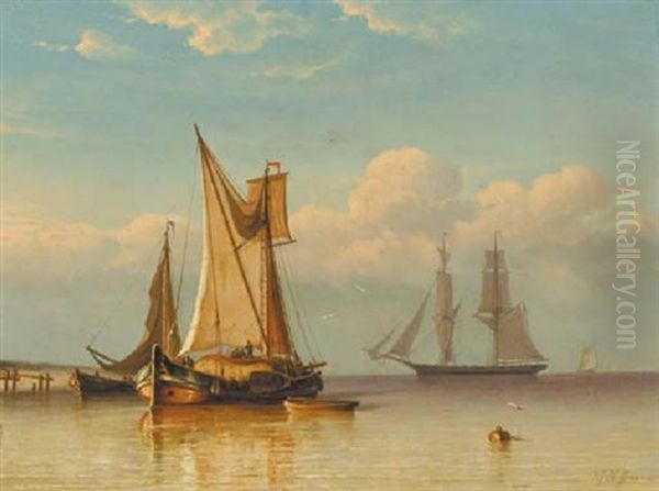 A Hay-barge Unloading, A Dutch Frigat In The Distance by George Johannes (Jan) Hoffmann