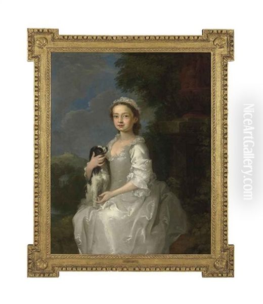 Portrait Of A Young Girl, Half-length, Seated, In A White Dress, A King Charles Spaniel On Her Lap, In An Ornamental Park, With A Hill-top Castle Beyond by William Hogarth