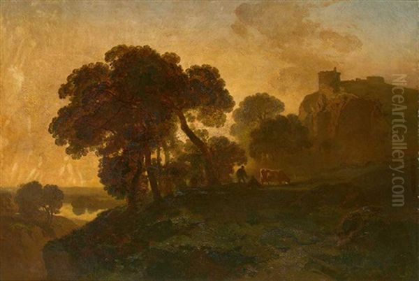 Herbstliche Fluss-/weidelandschaft Mit Burghugel Im Abendlichen Gegenlicht by Charles Hoguet