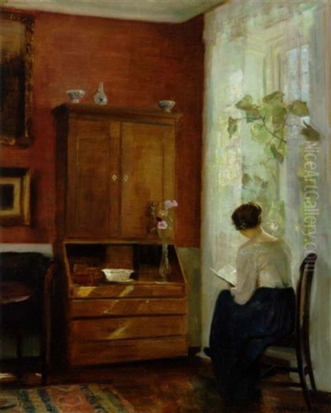 Interior Med Laesende Kvinde Ved Vinduet by Carl Vilhelm Holsoe