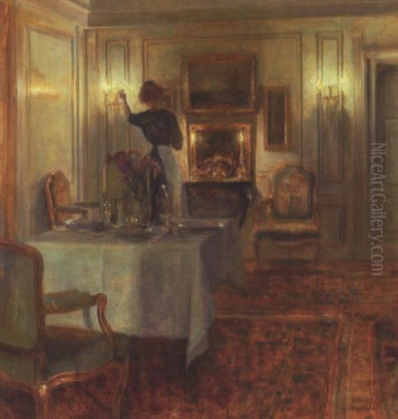 Spisetueinterior Med Daekket Bord Og Stuepige Der Taender Lys by Carl Vilhelm Holsoe