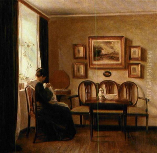 Interior Med Kunstnerens Hustru Sytojet by Carl Vilhelm Holsoe