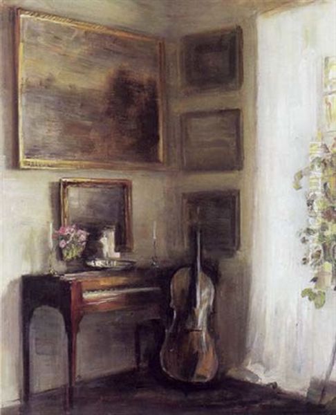 Interior Med Solskin Gennem Lette Lyse Gardiner Pa Vaegge Med Malerier Samt Spinet Og Cello by Carl Vilhelm Holsoe