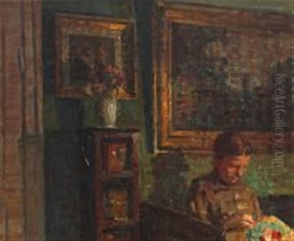 A Living Room Interior With Female Concentrated At Her Needlework by Niels Holsoe