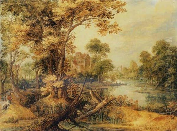 A Wooded River Landscape With Huntsman On A Track, A Village Beyond by Gillis Claesz De Hondecoeter