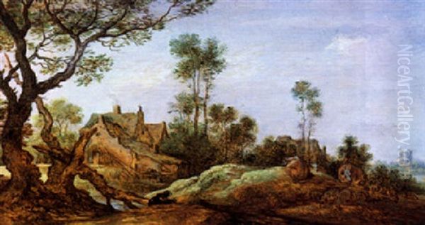 Landschaft Mit Hof, Links Ein Knorriger, Alter Baum Und Ein Hund, Der Eine Herde Von Kuhen Bewacht by Gillis Claesz De Hondecoeter