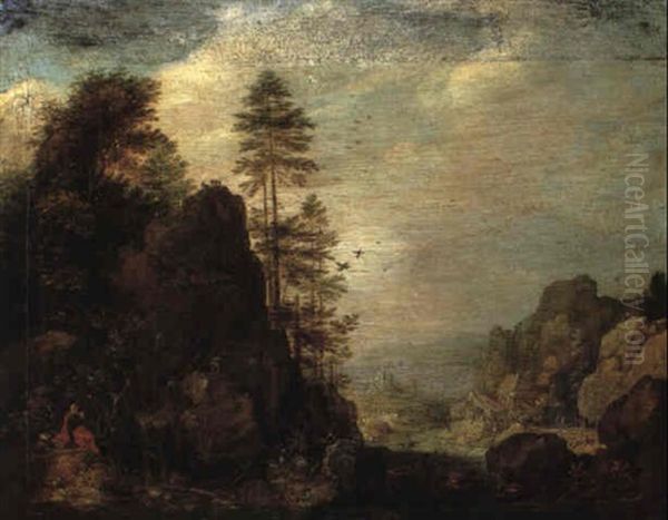 Rocky Mountain Landscape With A Hermit Praying by Gillis Claesz De Hondecoeter