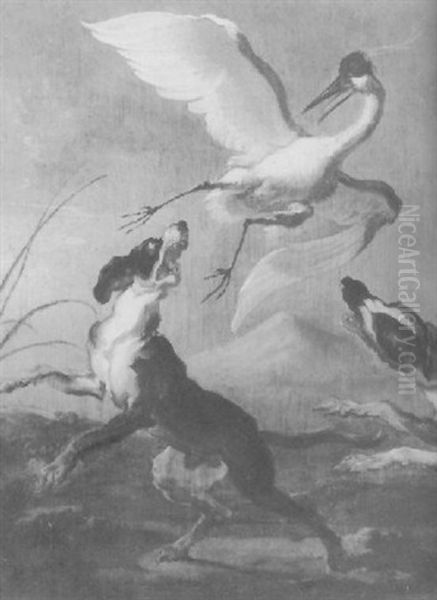 A Crane Being Chased By Two Dogs by Abraham Danielsz Hondius