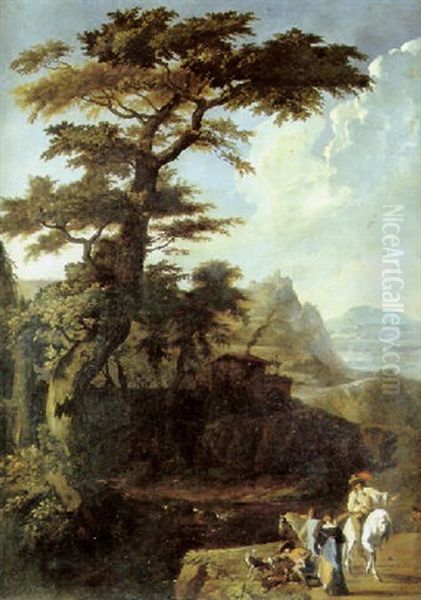 Chasseurs Au Repos Dans Un Grand Paysage by Abraham Danielsz Hondius