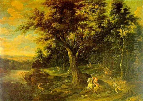 Grose Bewaldete Fluslandschaft Mit Hirschjagd by Lambert de Hondt