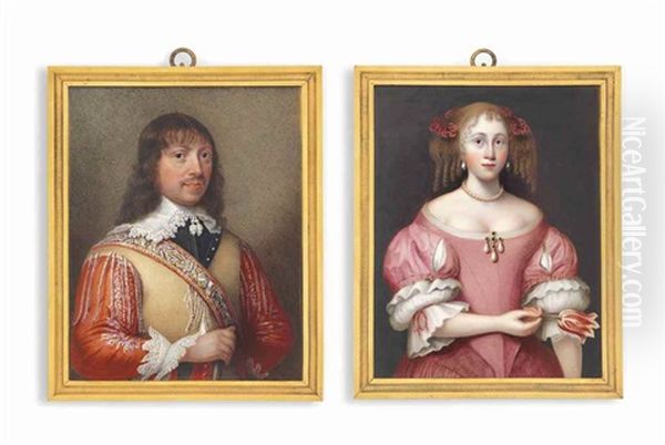 A Pair Of Miniatures: Sir Thomas Beaumont And His Daughter Sarah: He, In Buff Coat, Embroidered Cross-belt, Red Sleeves, Lace Trimmed Collar And Cuffs; She, Holding A Red Tulip In Her Right Hand, In Red Dress With Slashed Sleeves To Reveal White Underdres by Horace Hone